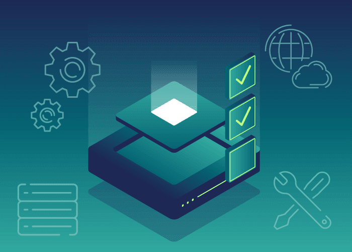 Abstrakte Illustration eines Server-Stacks mit Konfigurations-Layern und aktivierten Einstellungen, dargestellt durch Häkchen-Symbole; Sinnbild für System-Konfiguration und Cloud-Management.