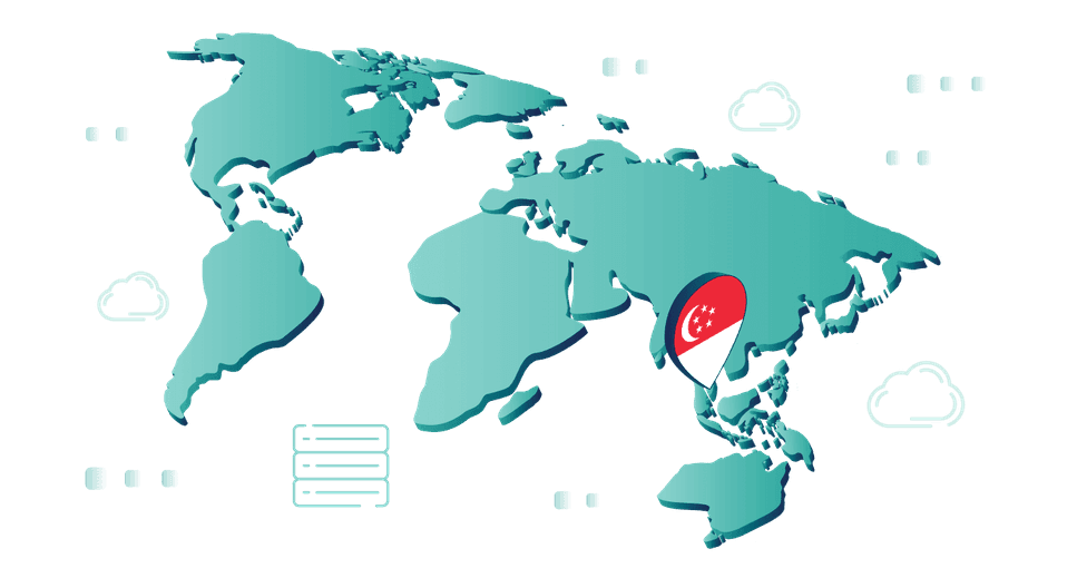 Weltkarte mit Marker auf Singapur als Symbol für neuen Server-Standort.
