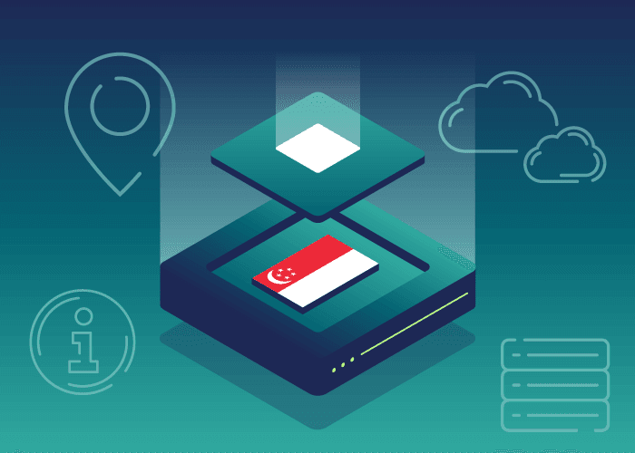 Grafik eines Server-Stacks mit Singapur-Flagge und Standort-Symbolen