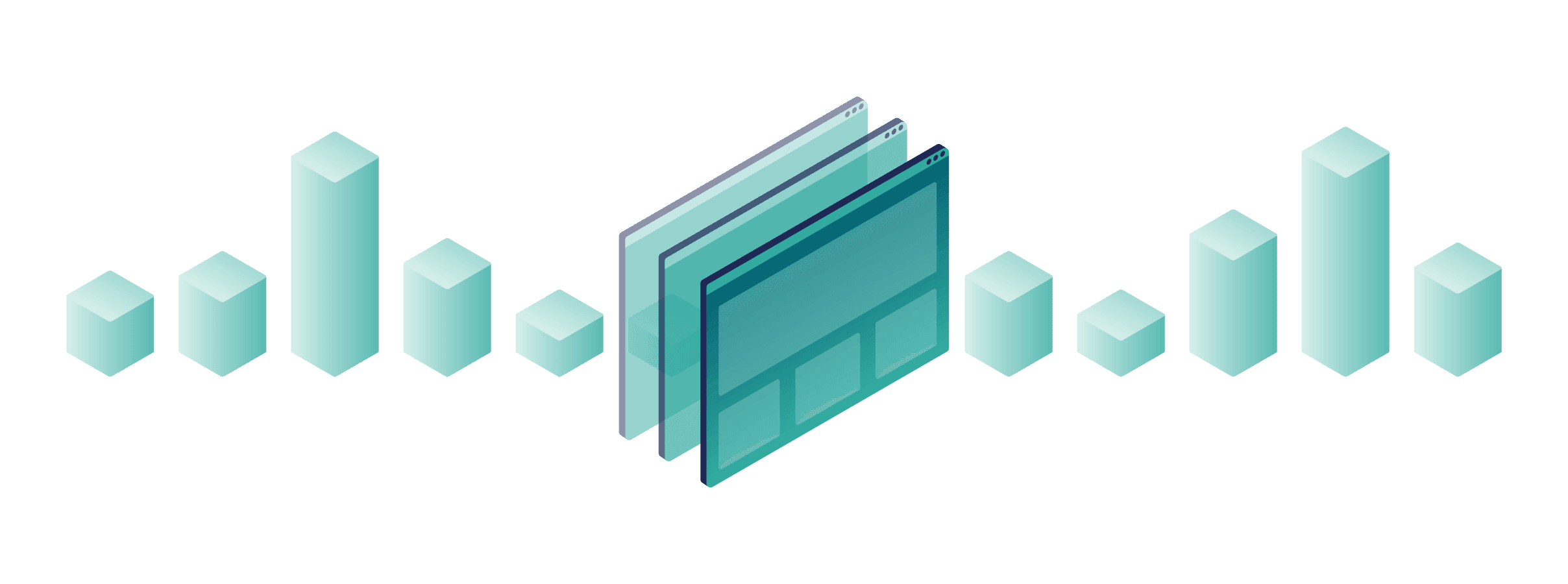 Illustration mit steigenden 3D-Balken und mehreren Browserfenstern als Symbol für Webhosting-Performance.