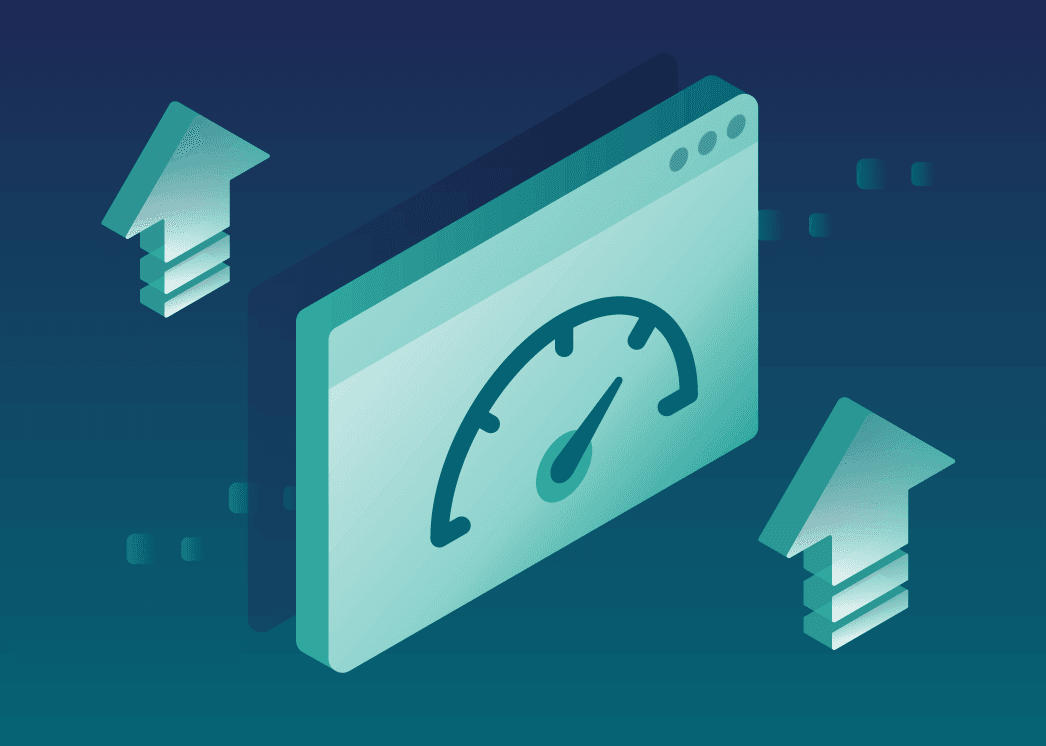 Illustration eines Browserfensters mit Geschwindigkeitstacho und Aufwärtspfeilen zur Darstellung steigender Performance.