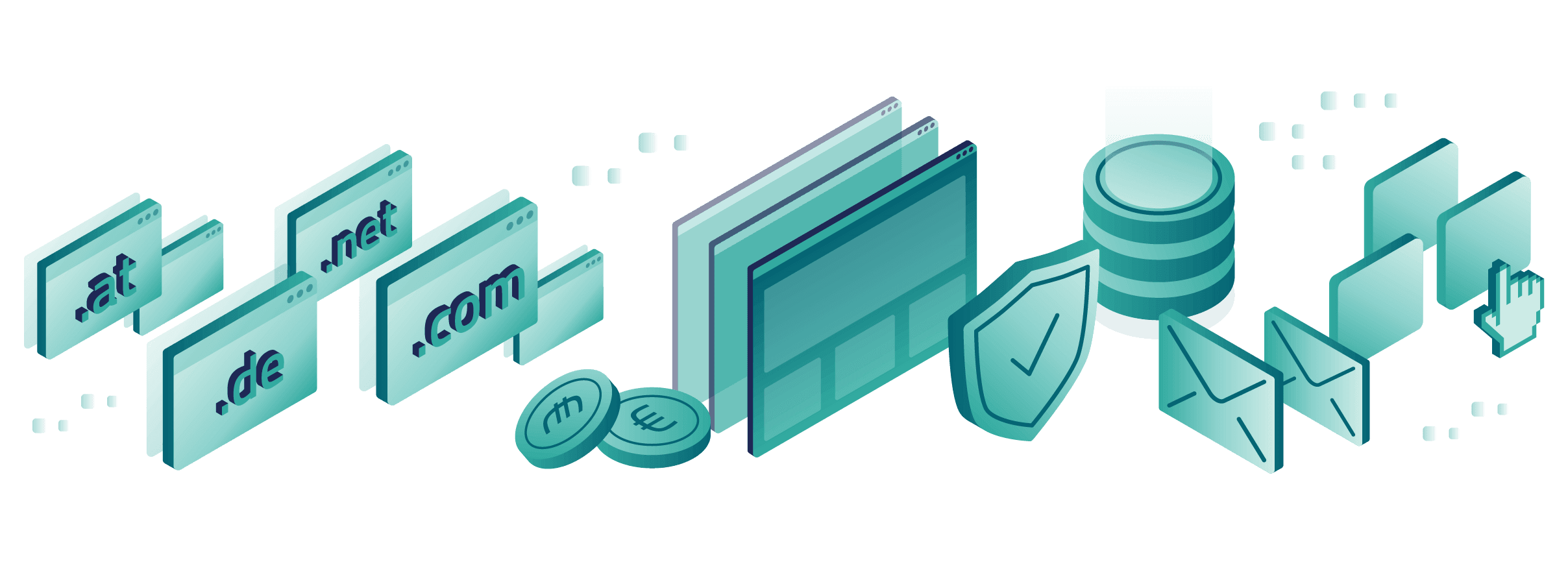 Illustration von Domainfenstern (.at, .de, .net, .com), Hosting-Panels, Datenbank, Mails und Schutzschild als Symbol für ein vollständiges Hosting-Portfolio.