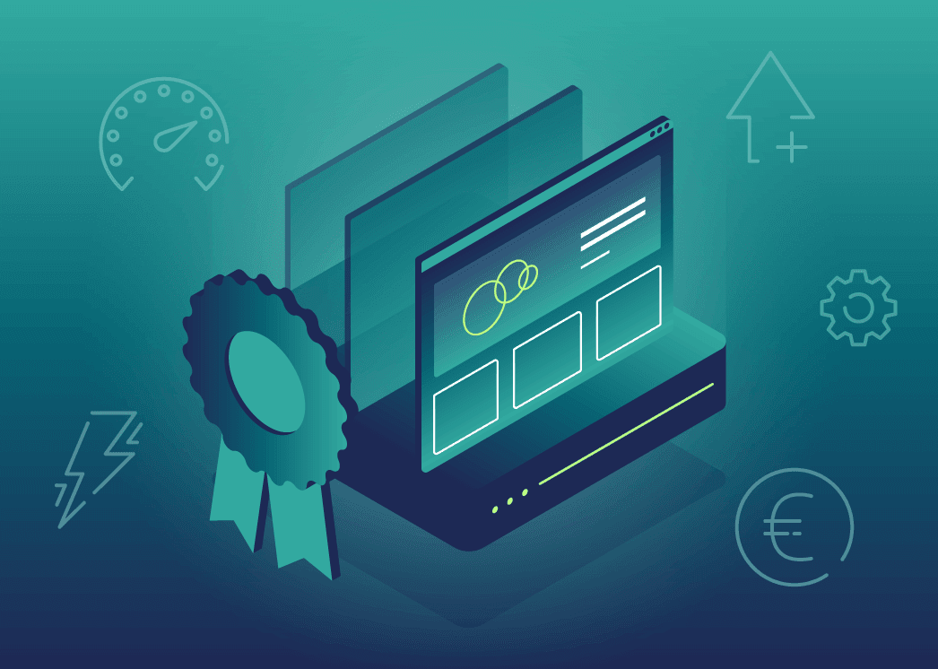 Illustration eines Laptops mit Webhosting-Dashboard, Auszeichnungssiegel und Performance-Icons für schnelles, zuverlässiges Hosting.