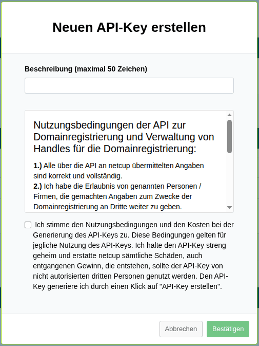 Pop-up "Neuen API-Key erstellen" mit Beschreibungsfeld und Nutzungsbedingungen.