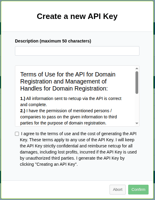 "Create New API Key" pop-up with a description field and terms of use.
