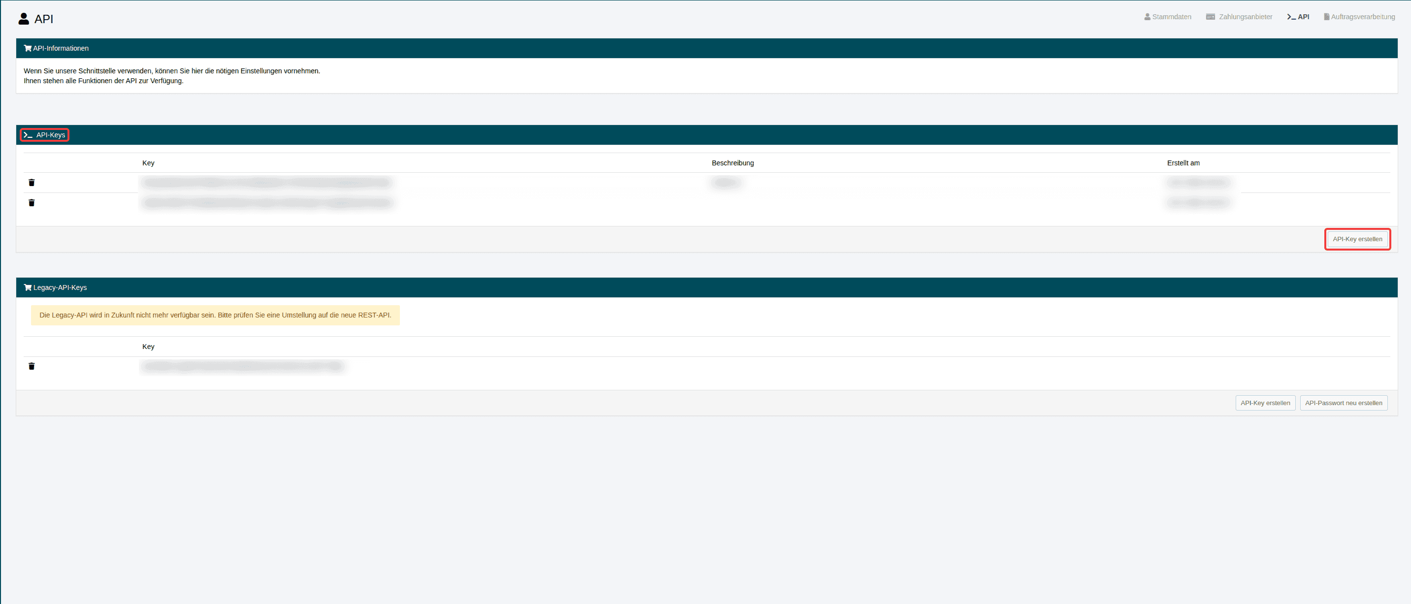 API-Übersicht im Customer Control Panel (CCP) mit hervorgehobenem Bereich "API-Keys" und Schaltfläche "API-Key erstellen".
