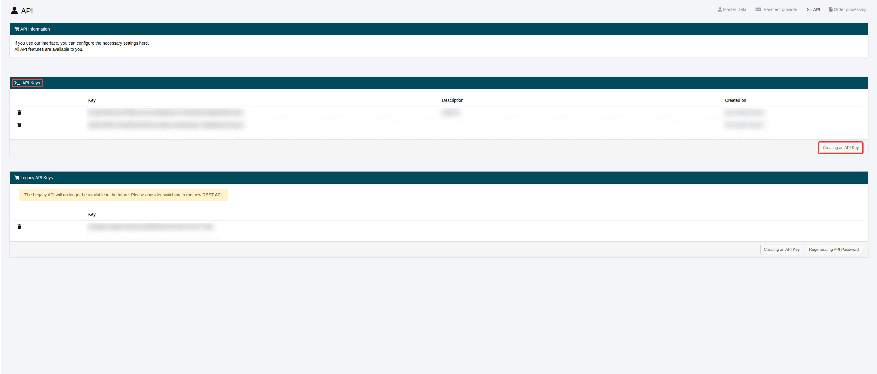 API overview in the Customer Control Panel (CCP) with the "API Keys" section and the "Creating an API Key" button highlighted.