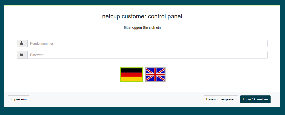 Anmeldeseite des Customer Control Panels mit Eingabefeldern für Kundennummer und Passwort sowie einer Sprachauswahl für Deutsch oder Englisch.