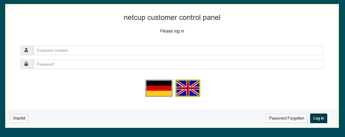 Login interface of the Customer Control Panel with input fields for customer number and password as well as a language selection for German or English.