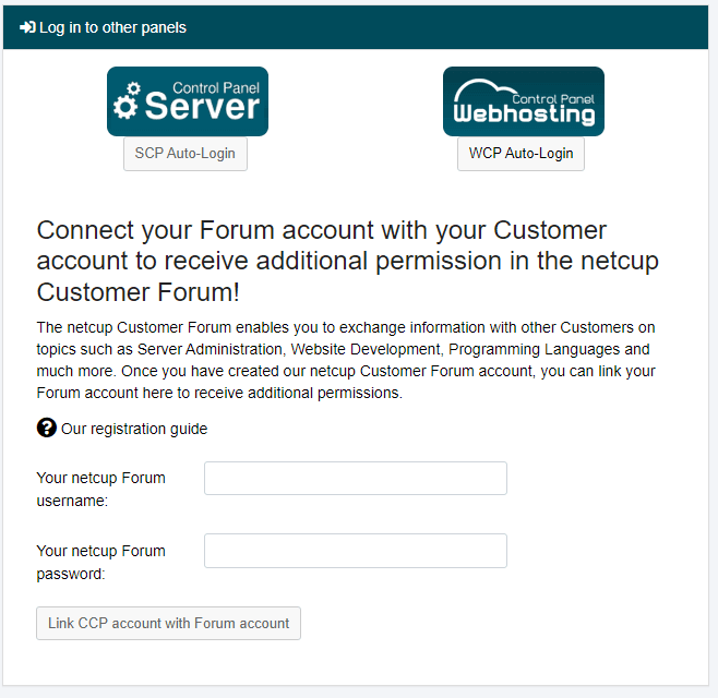Field containing links to log in to SCP, WCP, and the forum.