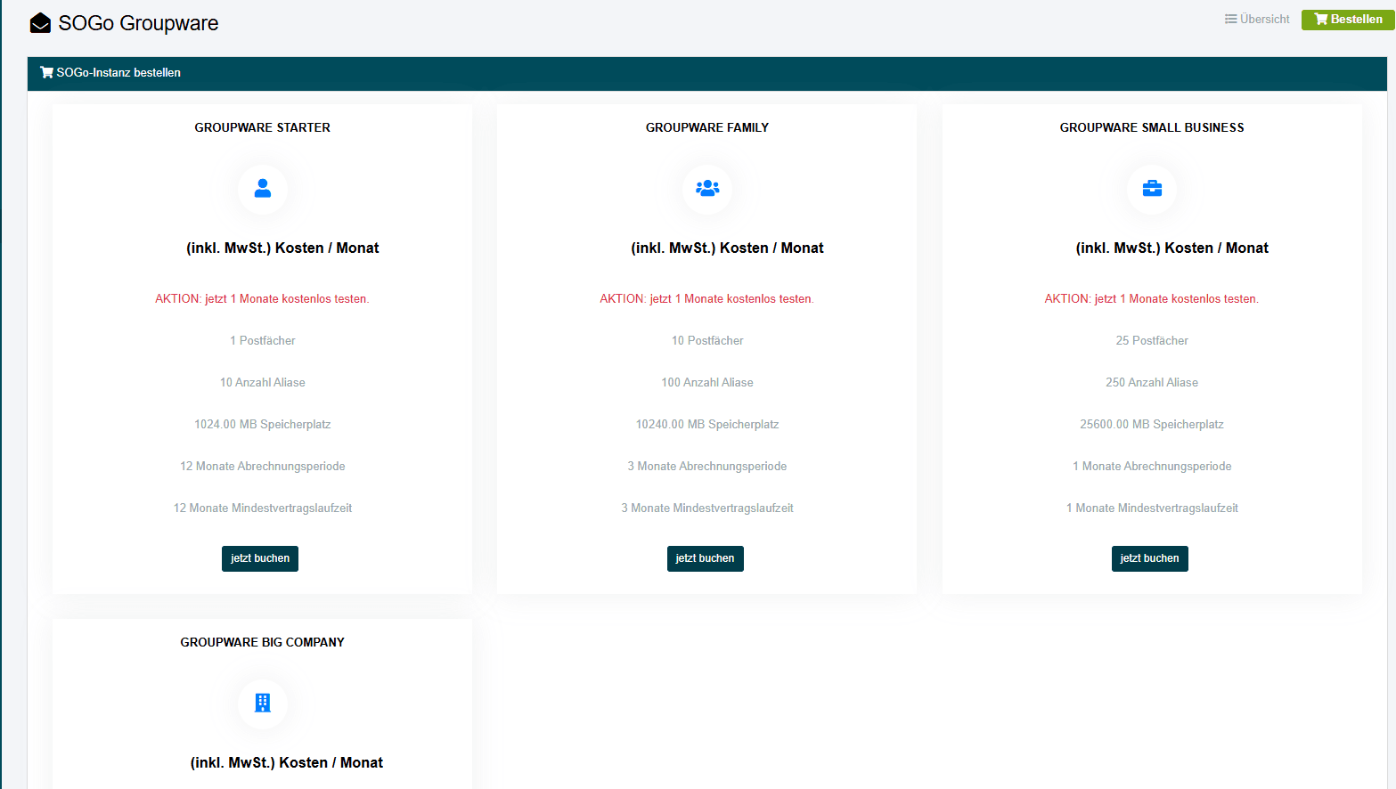 Verfügbare SOGo-Produkte.