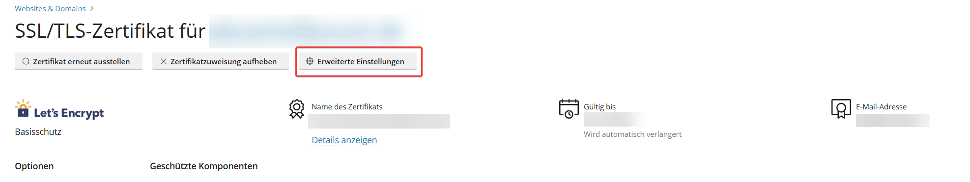 Hervorgehobene Schaltfläche für "Erweiterte Einstellungen".