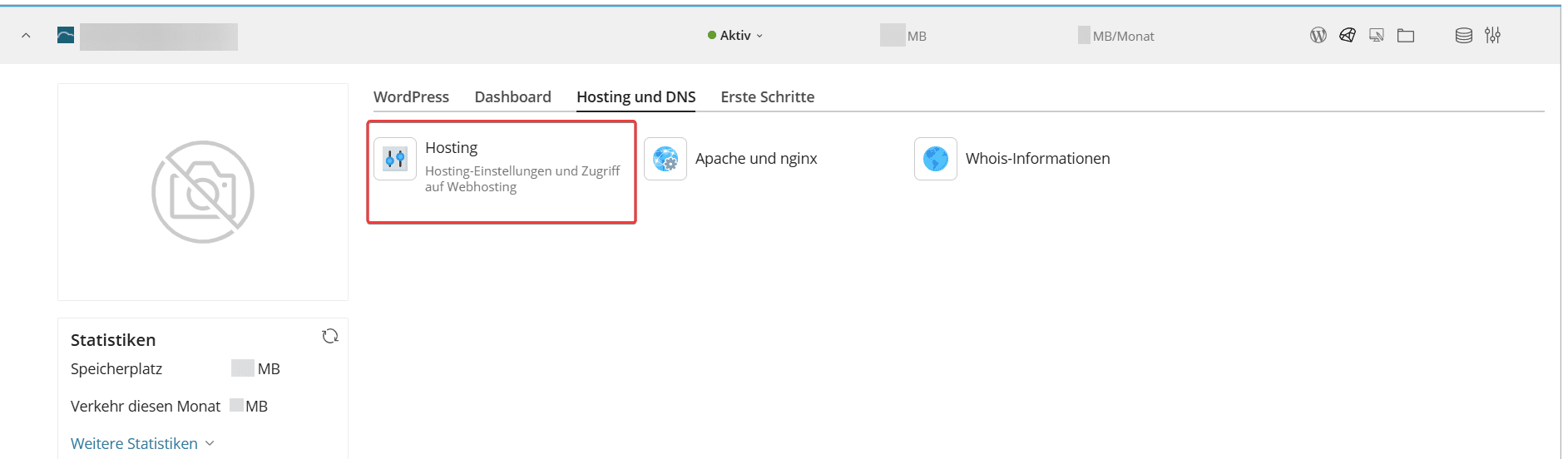 Hervorgehobene Schaltfläche für "Hosting" im WCP.