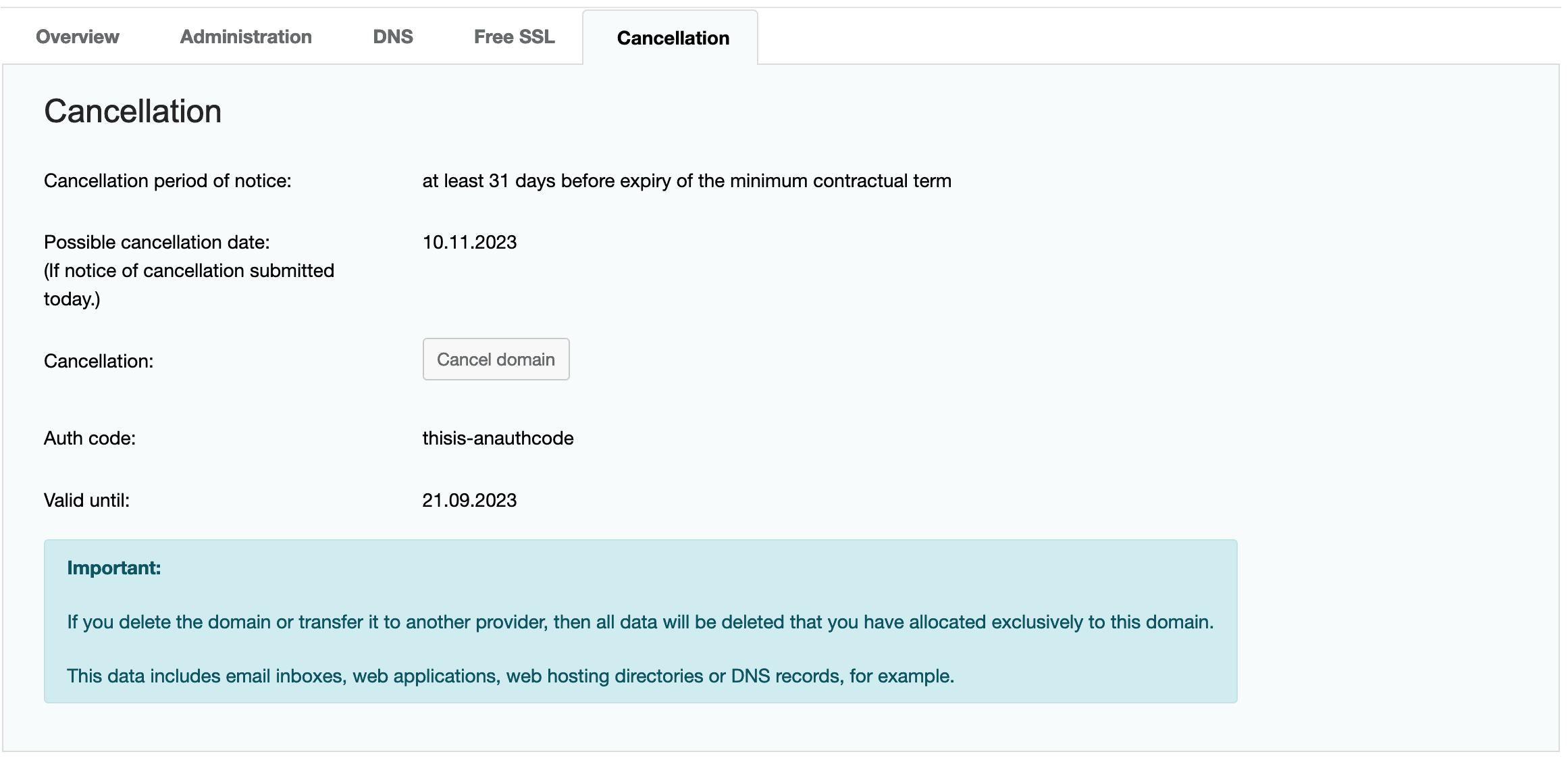 "Cancelation" tab with cancellation date and button to start the cancelation process.