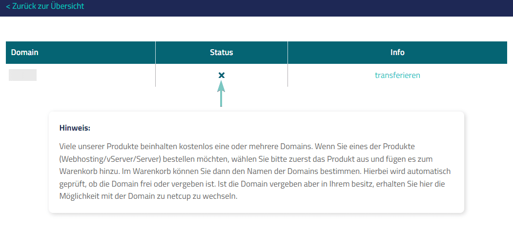 Status der Domain (nicht verfügbar).