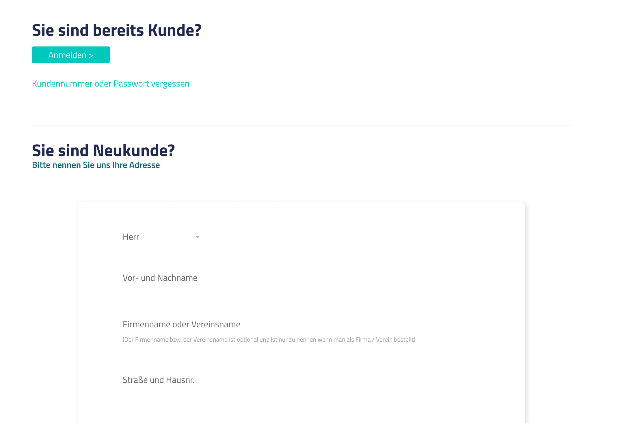 Anmeldebutton für bestehende Kunden und Anmeldefläche für Neukunden.