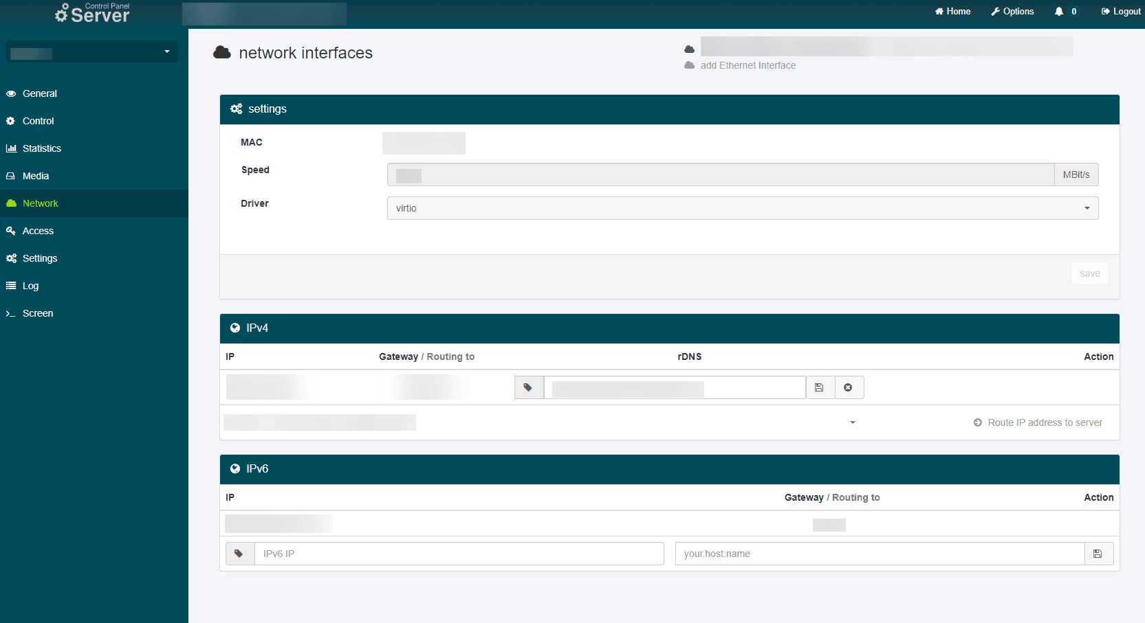 "Network" menu item in SCP with settings for IPv4.