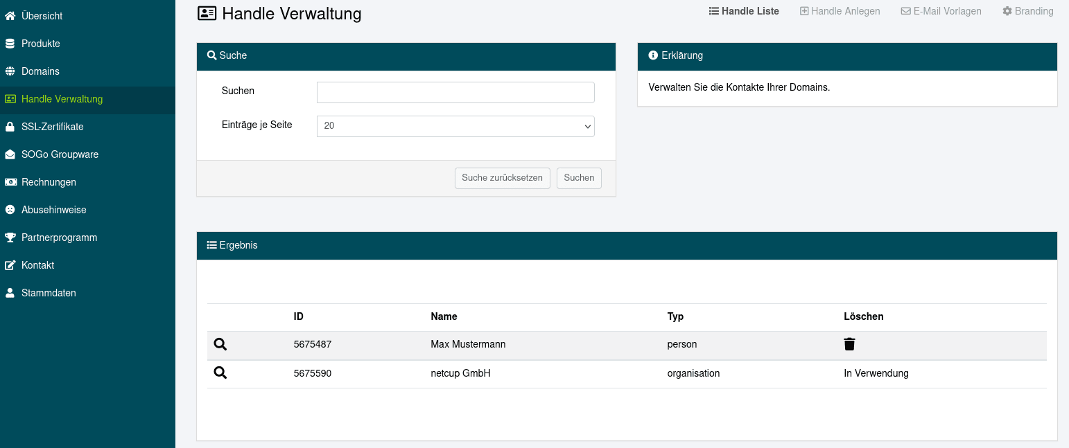 Menüpunkt "Handle-Verwaltung" im CCP.