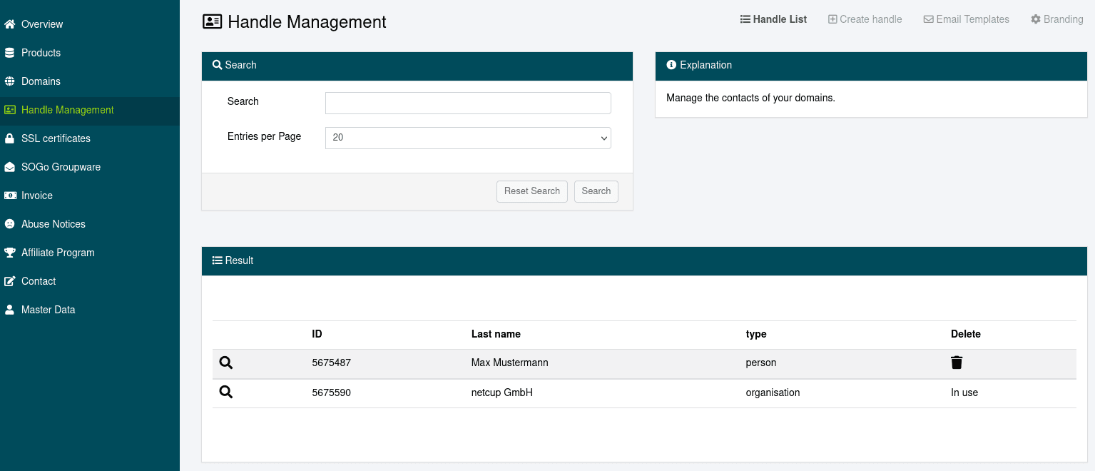 Menu item "Handle Management" in the CCP.