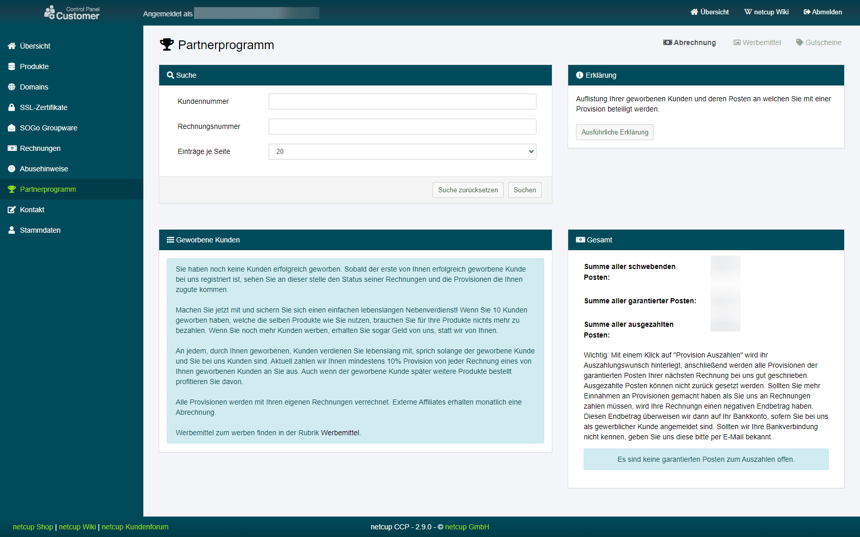 Übersicht im CCP mit Liste der geworbenen Kunden und Provisionen.