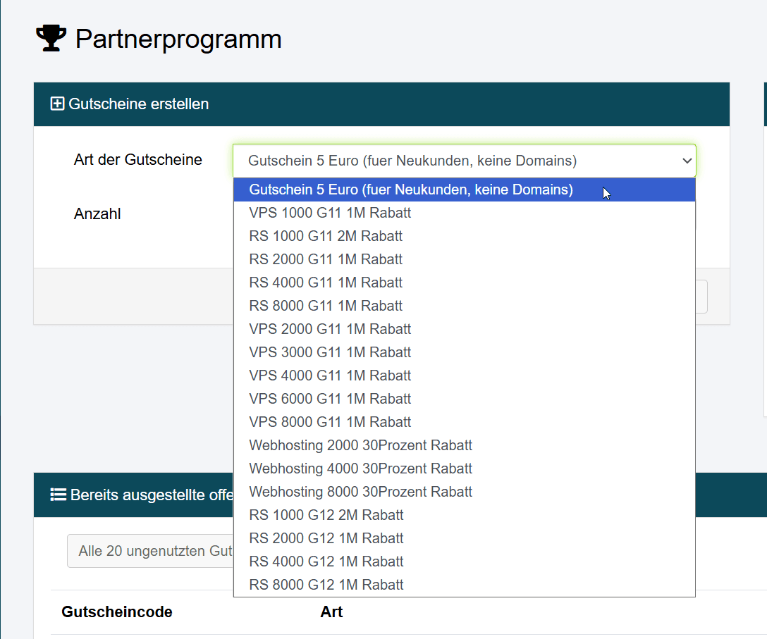 Drop-down-Liste der verfügbaren Gutscheine.