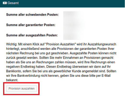 Übersicht der verschiedenen Posten mit der hervorgehobenen Schaltfläche "Provision auszahlen". 