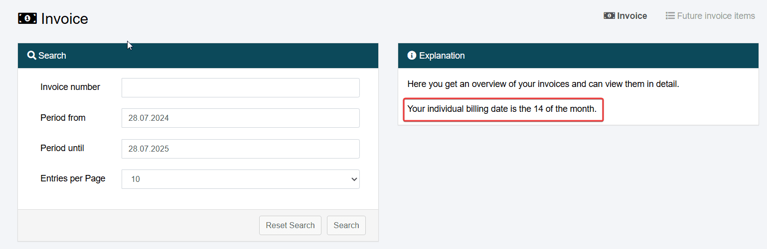 Highlighted individual billing date in CCP under “Invoices.”