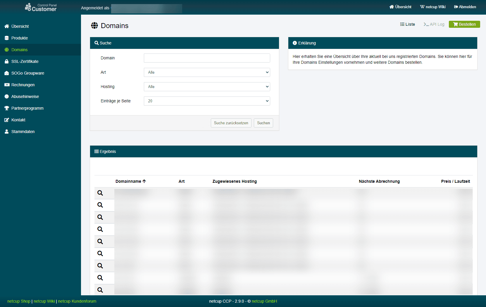 Domain-Seite im CCP mit einer Liste aller registrierten Domains.
