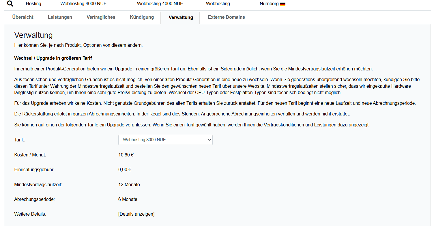 Registerkarte "Verwaltung" im CCP, die Upgrademöglichkeiten anzeigt.