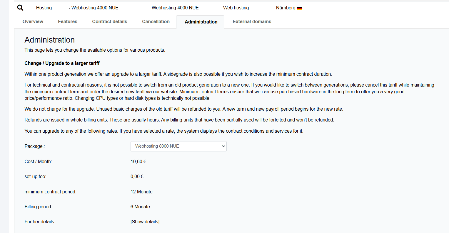 “Administration” tab in the CCP, which displays upgrade options.