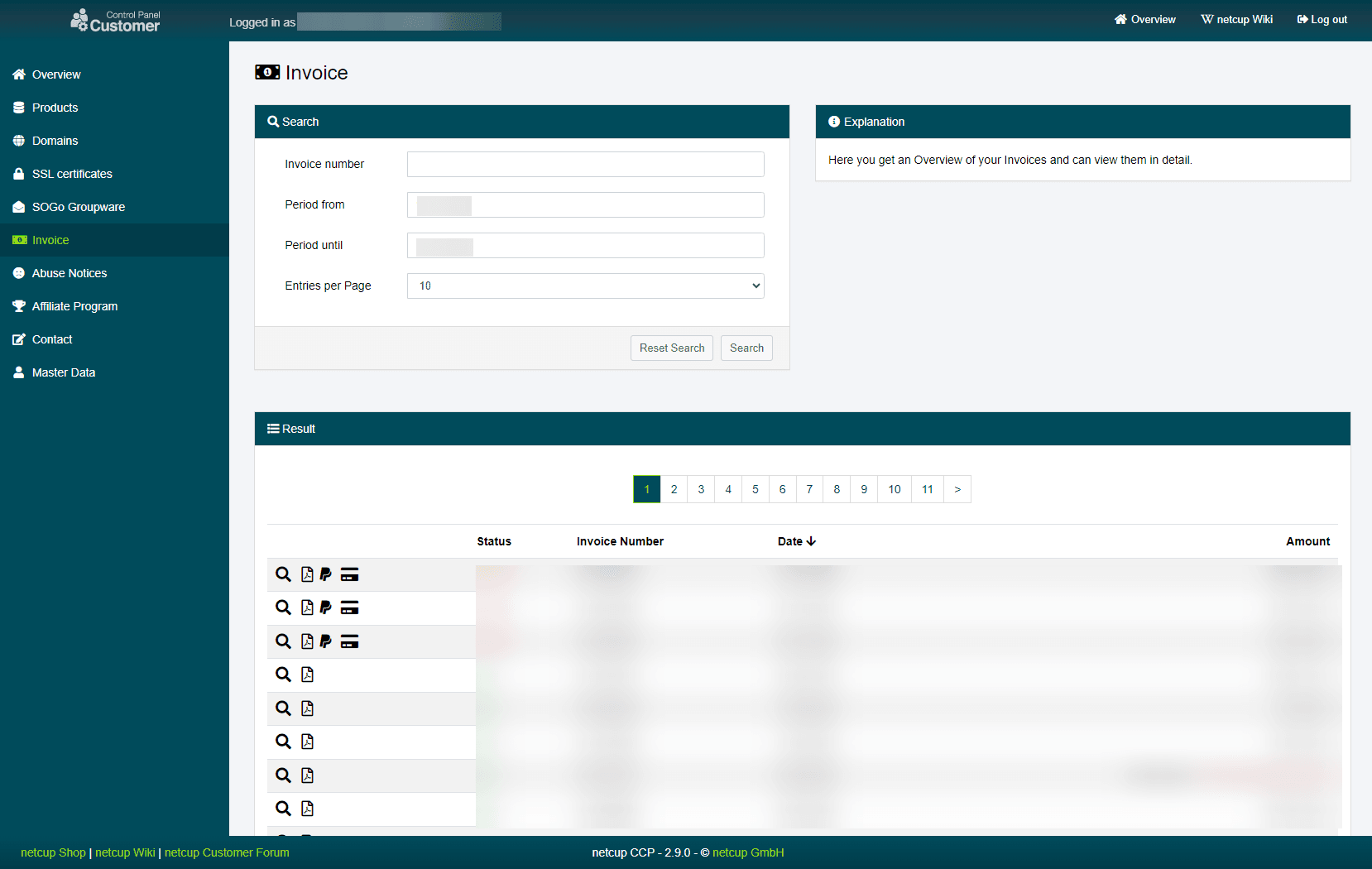 List of invoices in the CCP.