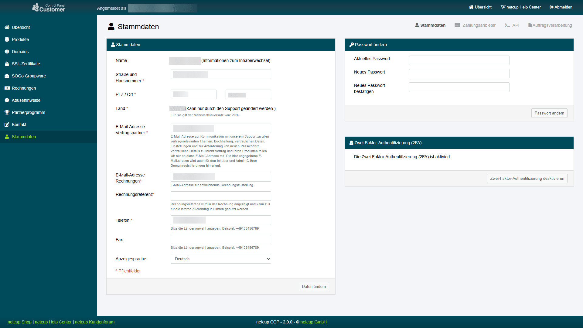 Übersichtsseite der Stammdaten im CCP mit Feldern zum Ändern des Passworts und Aktivieren der Zwei-Faktor-Authentifizierung.