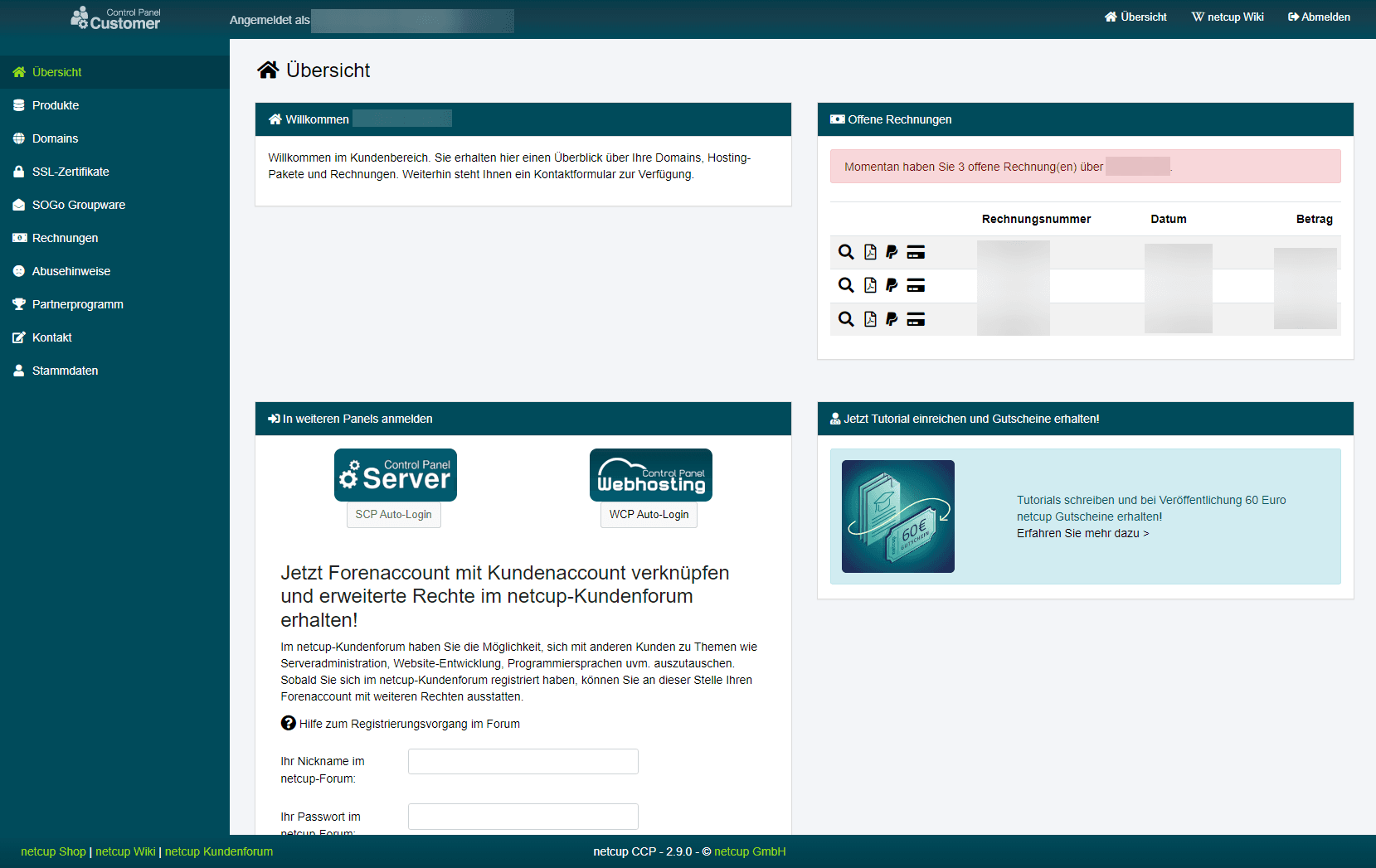 Übersichtsseite des Customer Control Panel mit offenen Rechnungen und Links zum SCP und WCP.
