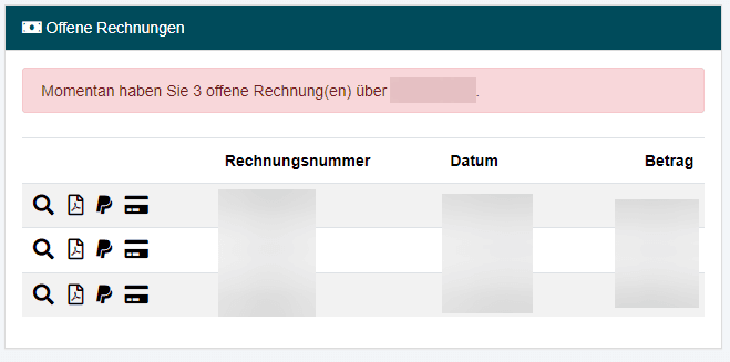 Feld, das offene Rechnungen anzeigt.
