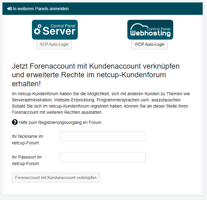 Feld, das Links zum Anmelden im SCP, WCP und Forum beinhaltet.