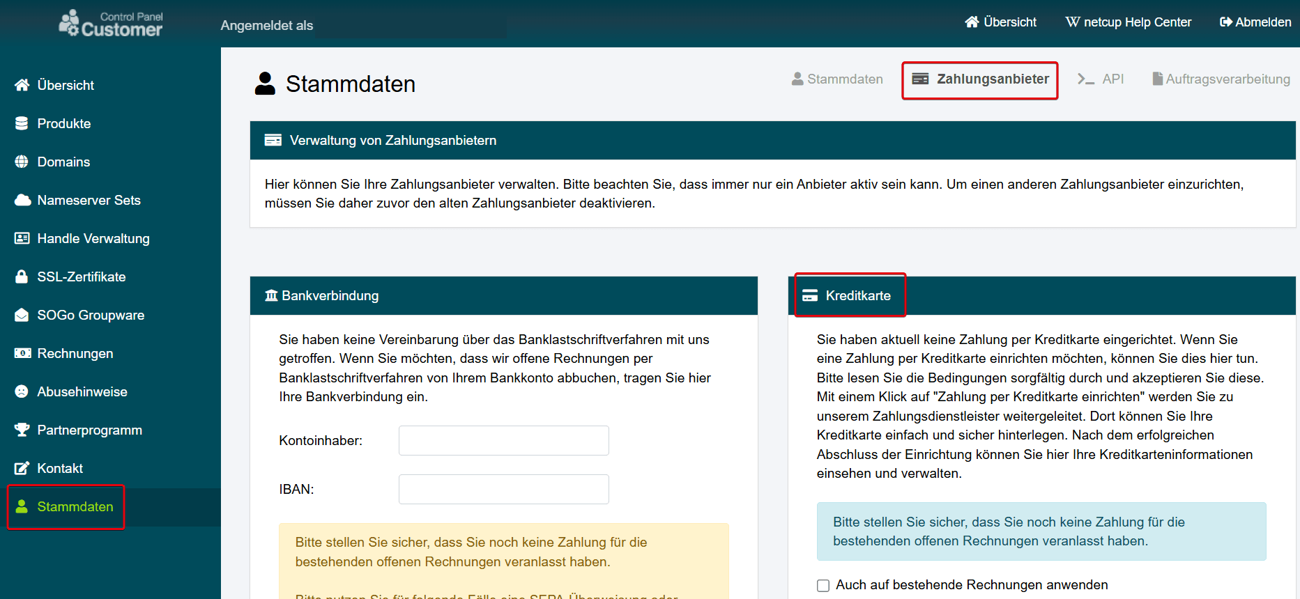 Seite "Stammdaten" im CCP mit hervorgehobener Registerkarte "Zahlungsanbieter" und dem Bereich "Kreditkarte" auf der rechten Seite.