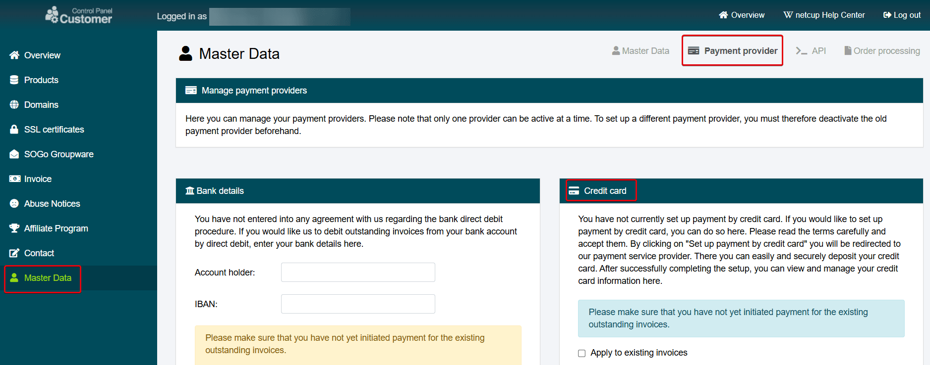 “Master data” page in the CCP with the “Payment provider” tab highlighted and the “Credit card” section on the right side.