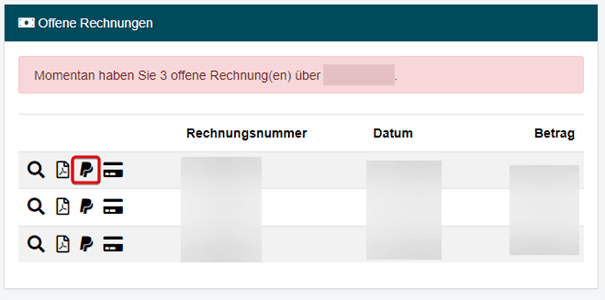 Abschnitt "Offene Rechnungen" unter CCP > Übersicht mit dem PayPal-Symbol als drittes von links hervorgehoben.