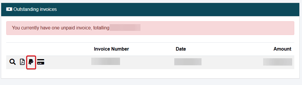 Section “Outstanding invoices” under CCP > Overview highlighted with the PayPal icon as the third from the left.