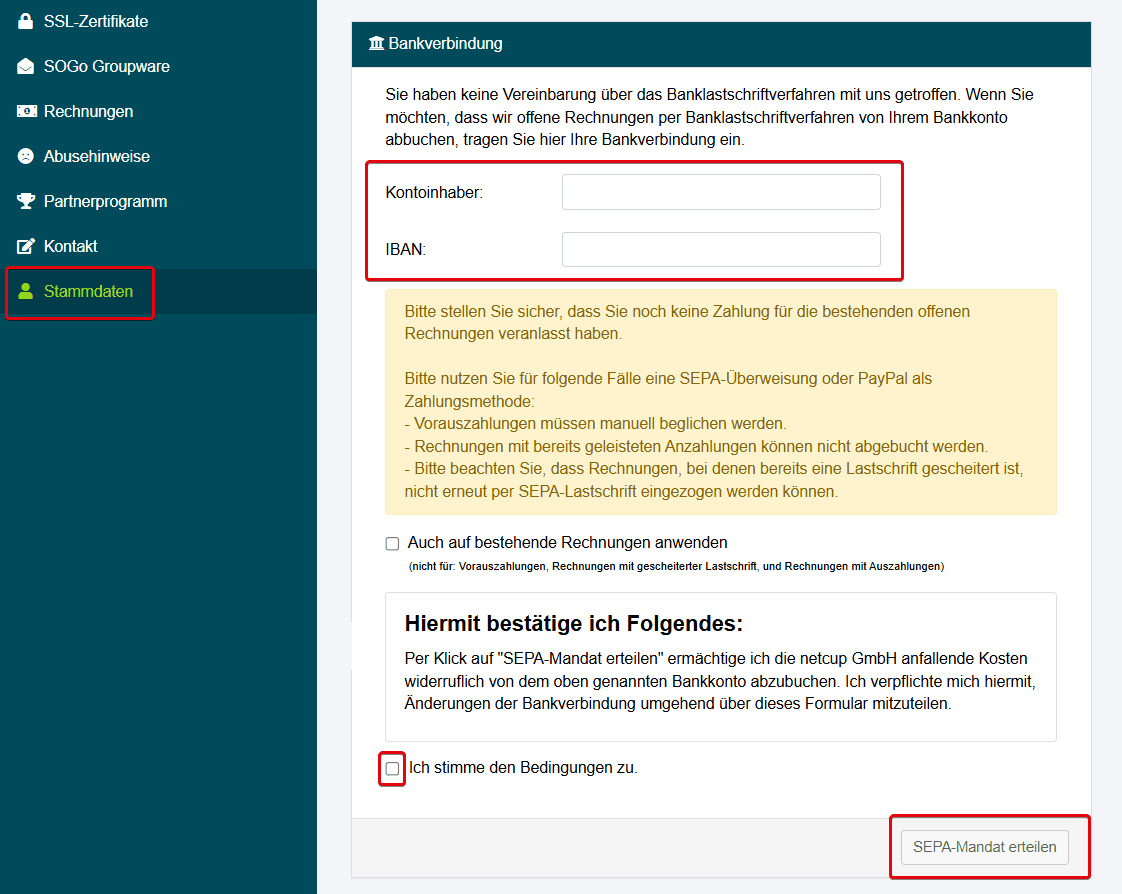 Seite "Stammdaten" im CCP im Abschnitt "Bankverbindung" unter "Zahlungsanbieter" mit Feldern zur Eingabe der Bankdaten und der Schaltfläche "SEPA-Mandat erteilen".