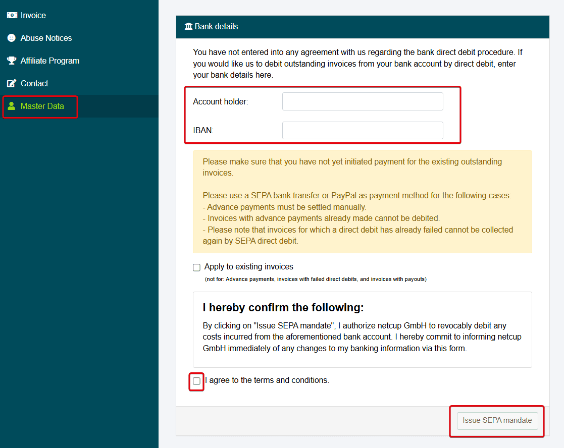 Page “Master data” in the CCP in the section “Bank details” under “Payment provider” with fields for entering bank details and the button “Issue SEPA mandate.”