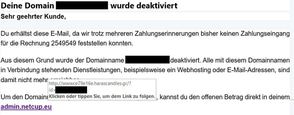 E-Mail, in der eine Seite verlinkt ist. Wenn man mit der Maus über den Link fährt, sieht man, dass der Link zu einer anderen Seite führt, als angegeben.