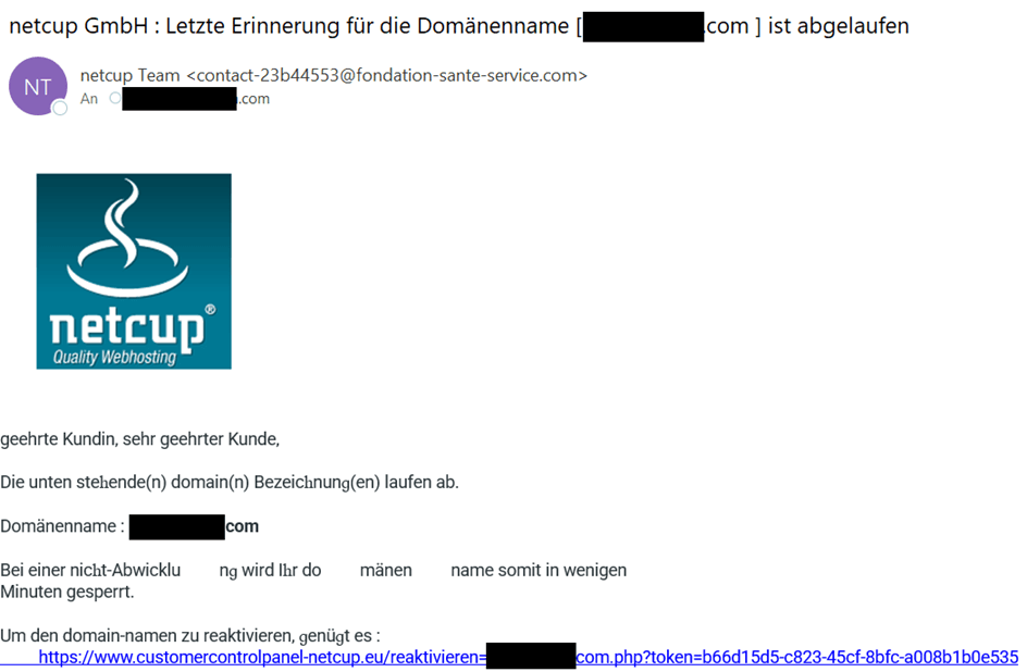 E-Mail, in der gedroht wird, das Produkt bei Nichthandlung in wenigen Minuten zu sperren.