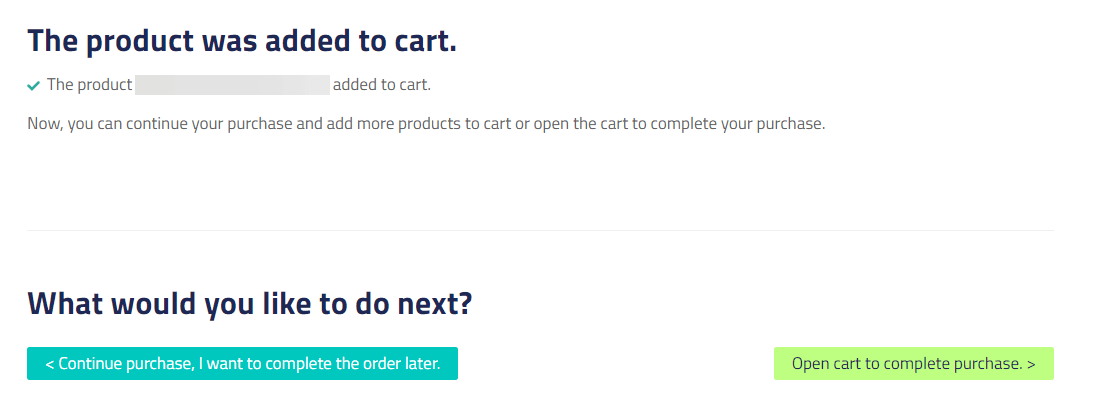 Option whether to continue shopping or complete the order.