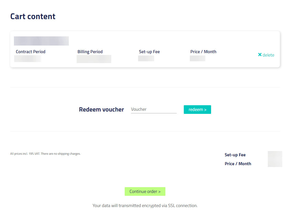 List of ordered products and button to complete the order.