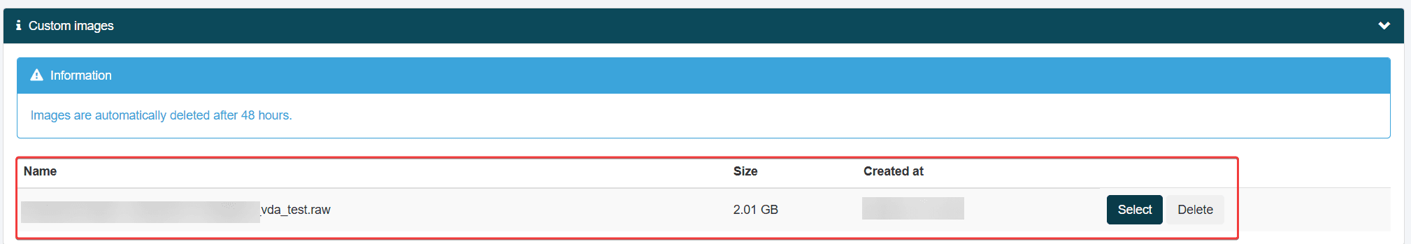 Overview of the snapshots created under "Custom Images."