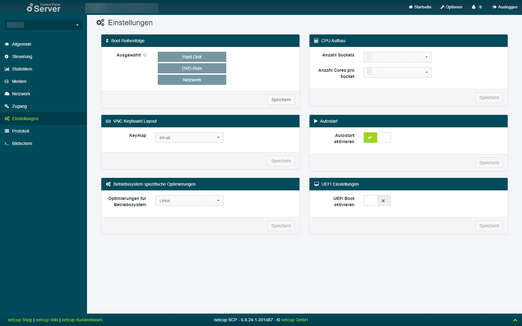 Seite "Einstellungen" im SCP.