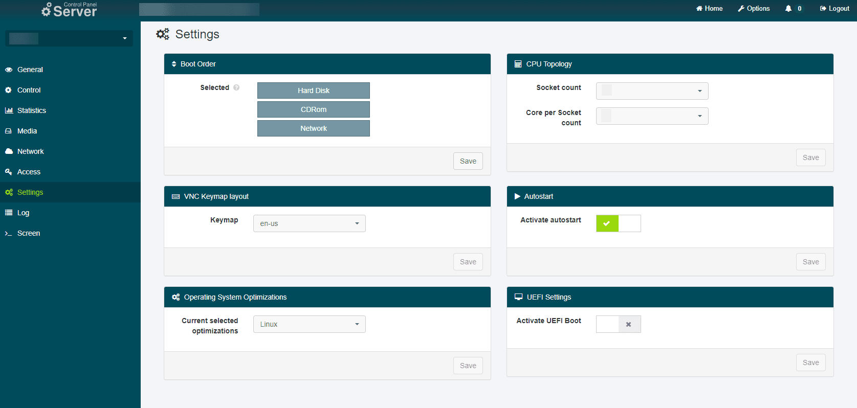 "Settings" page in the SCP.
