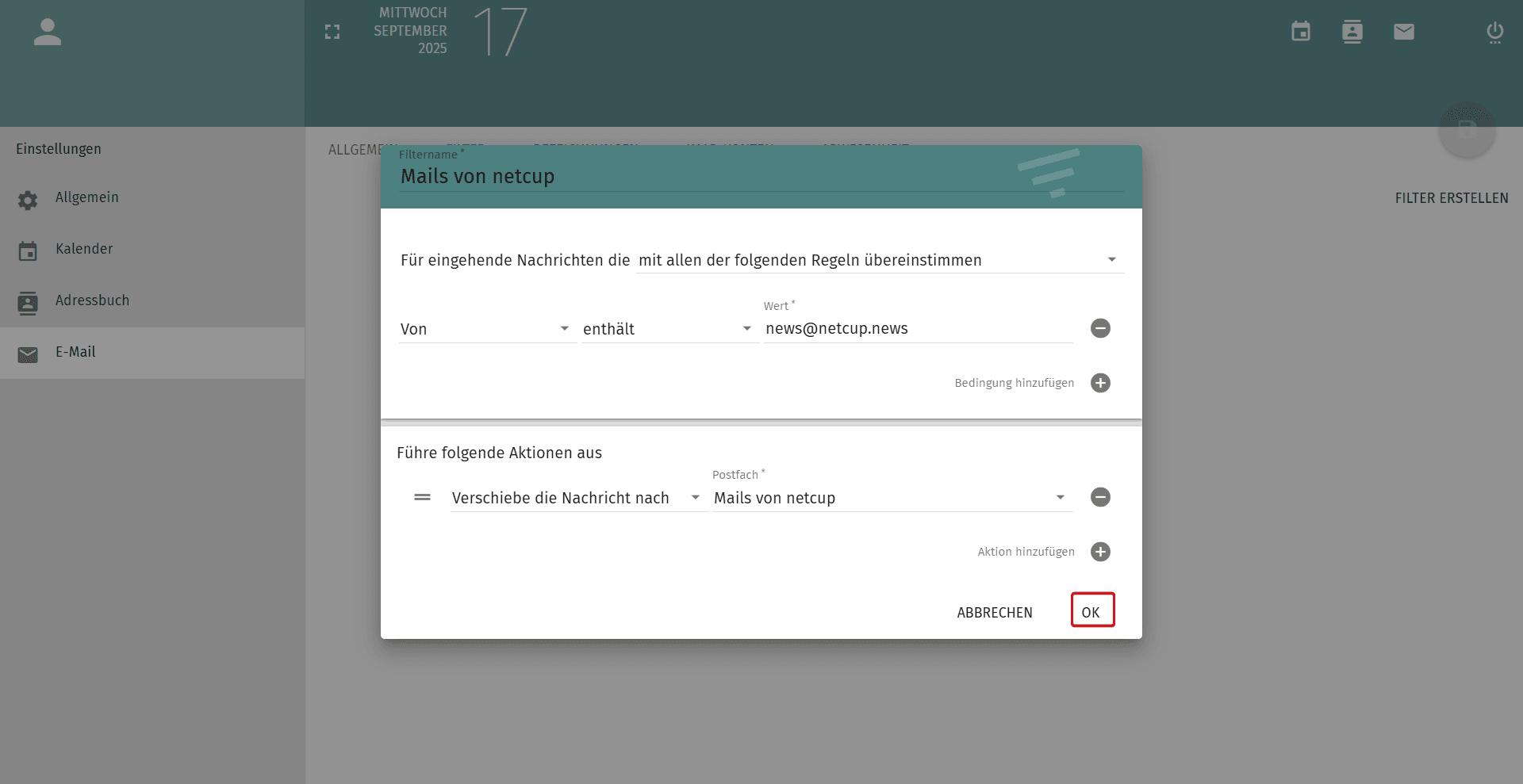Filterregel einstellen.