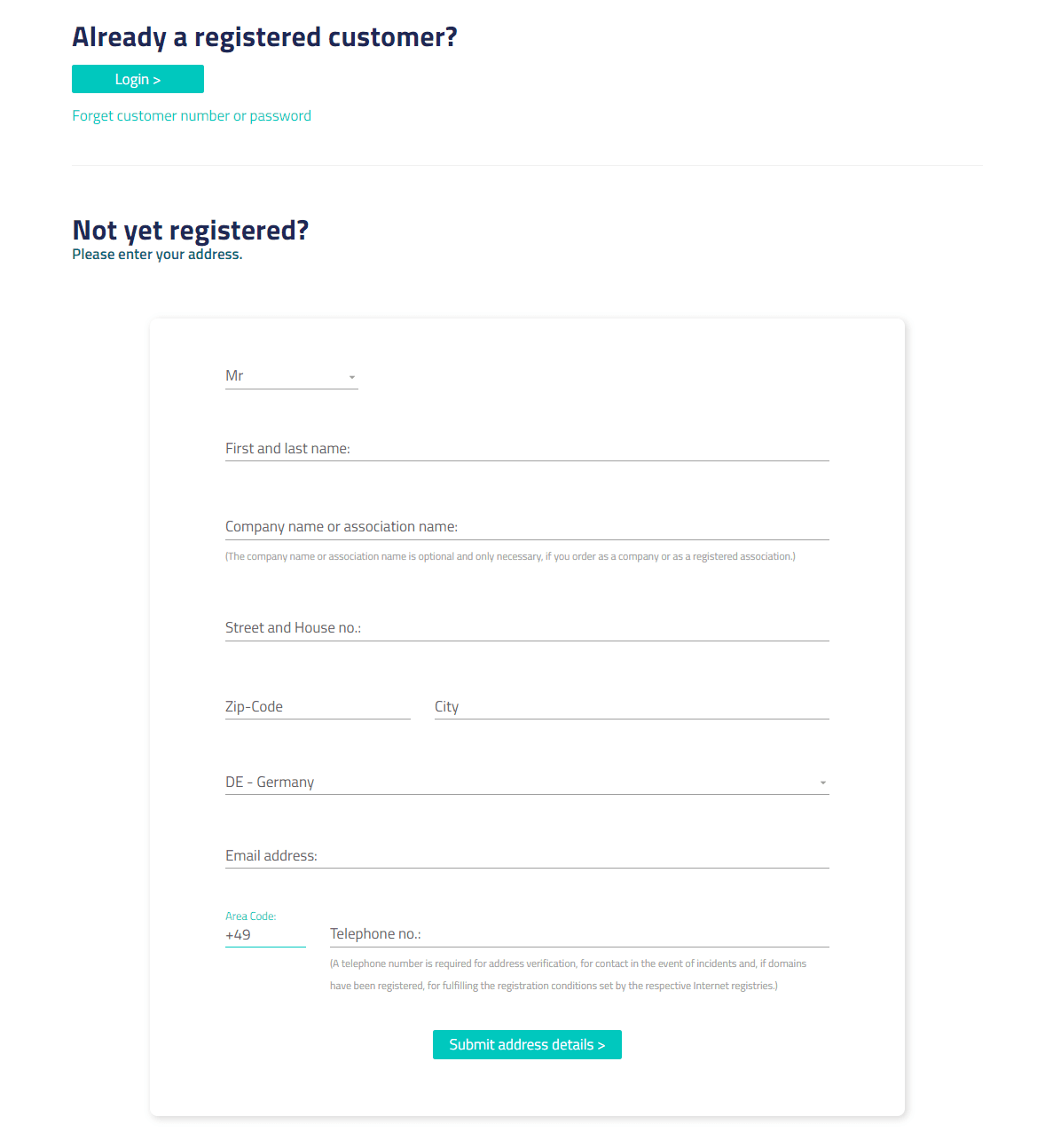 Login button for existing customers and registration area for new customers.